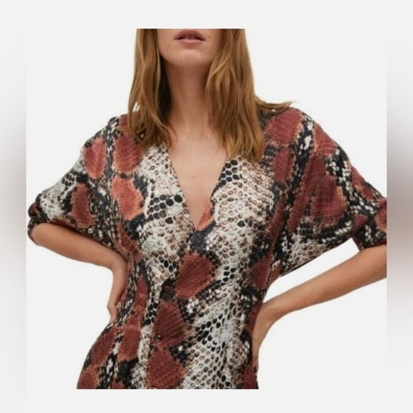 Mango Snake Print Long Sleeve V Neck Button Front Maxi Dress 4 size Small - Picture 6 of 14